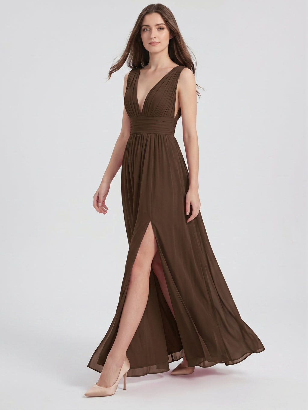 Mocha Chiffon A-Line V-Neck V-Back Ankle-Length Pleated Bridesmaid Dress