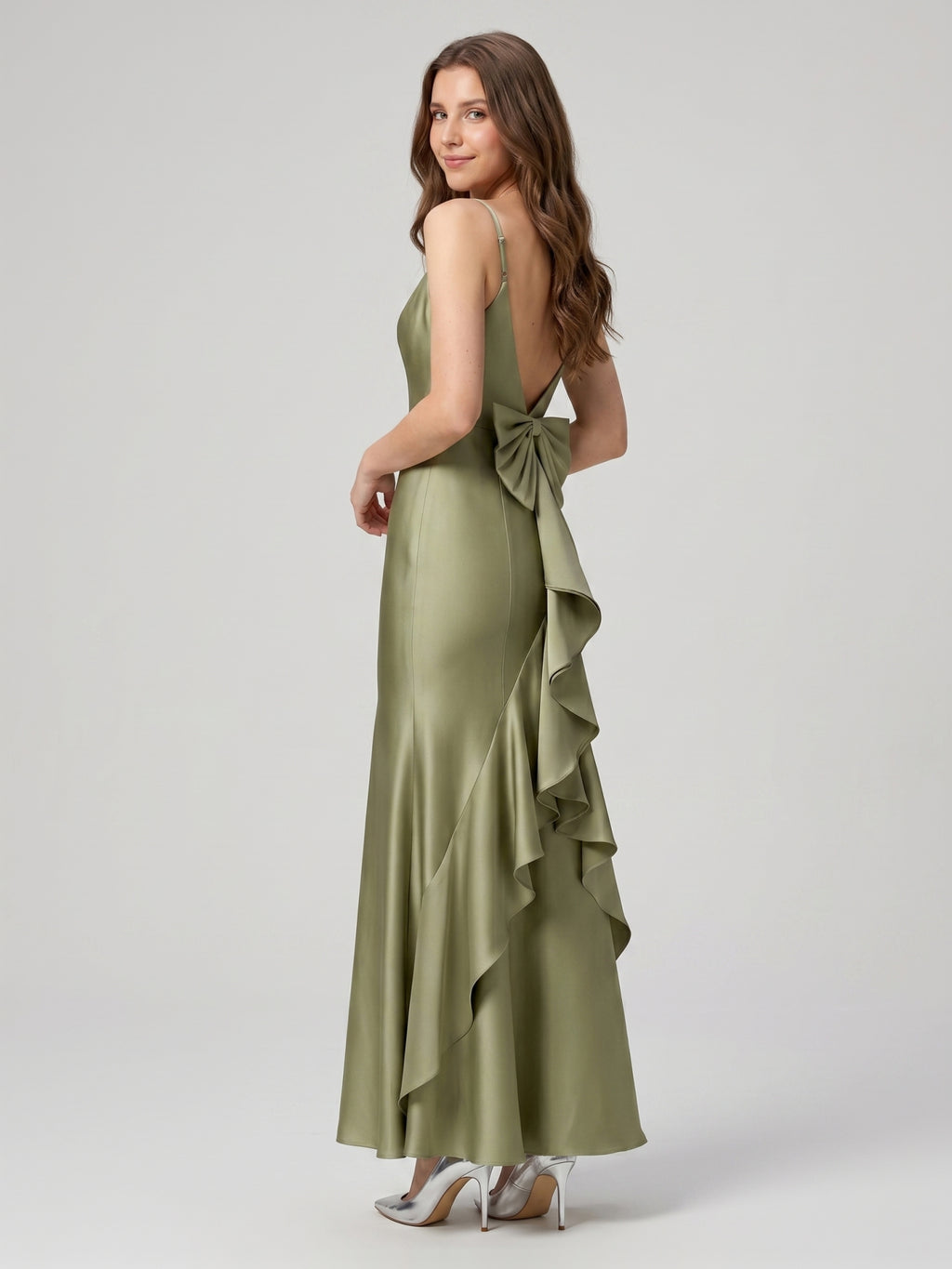 Elegant Sage Green Satin mermaid Straight Neck Backless with Bow Ankle-Length Bridesmaid Dress