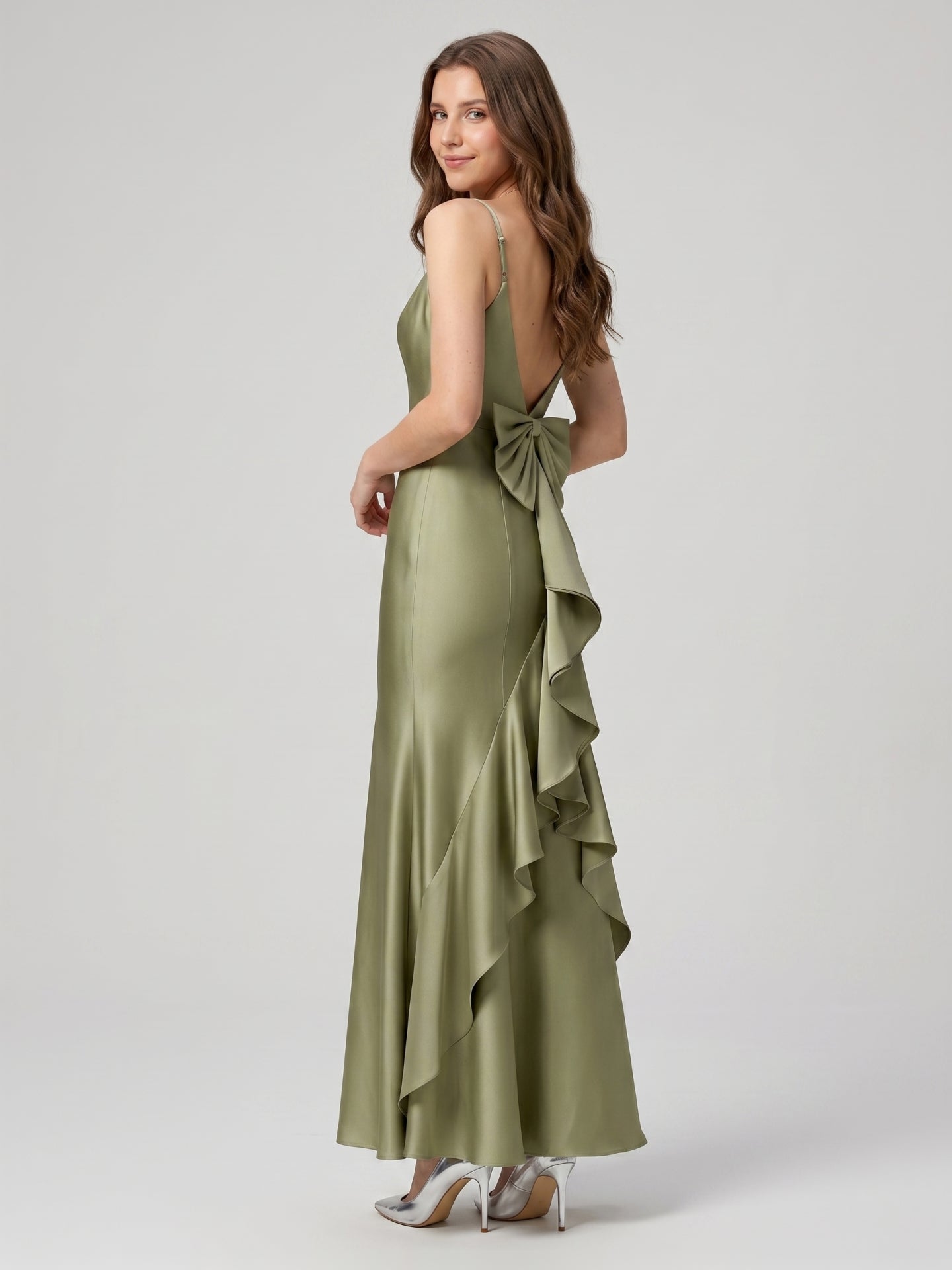 Elegant Sage Green Satin mermaid Straight Neck Backless with Bow Ankle-Length Bridesmaid Dress