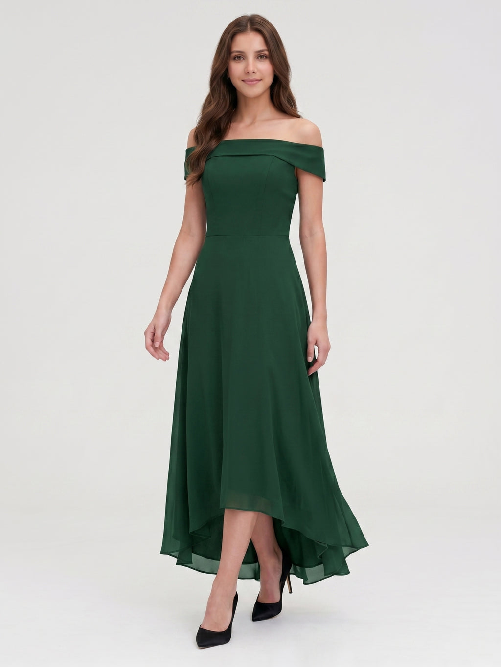Forest Green Chiffon A-Line Off-the-Shoulder Back Zip Asymmetrical Bridesmaid Dress