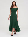 Forest Green Chiffon A-Line Off-the-Shoulder Back Zip Asymmetrical Bridesmaid Dress