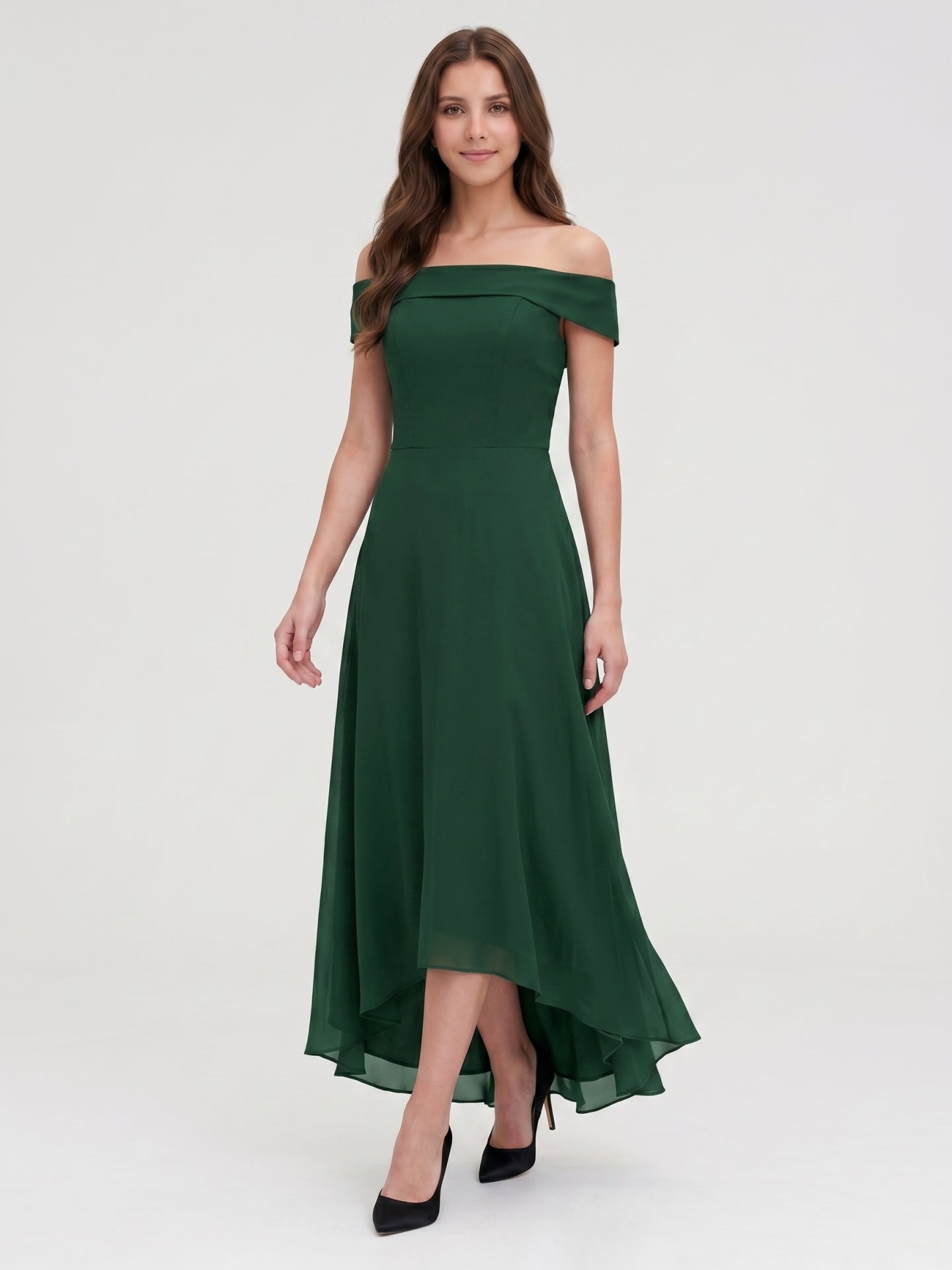 Forest Green Chiffon A-Line Off-the-Shoulder Back Zip Asymmetrical Bridesmaid Dress