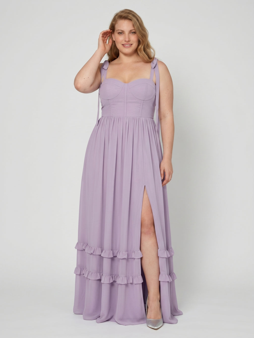 Coquette Lavender Chiffon A-Line Straight Neck Backless Ankle-Length Plus Size Bridesmaid Dress
