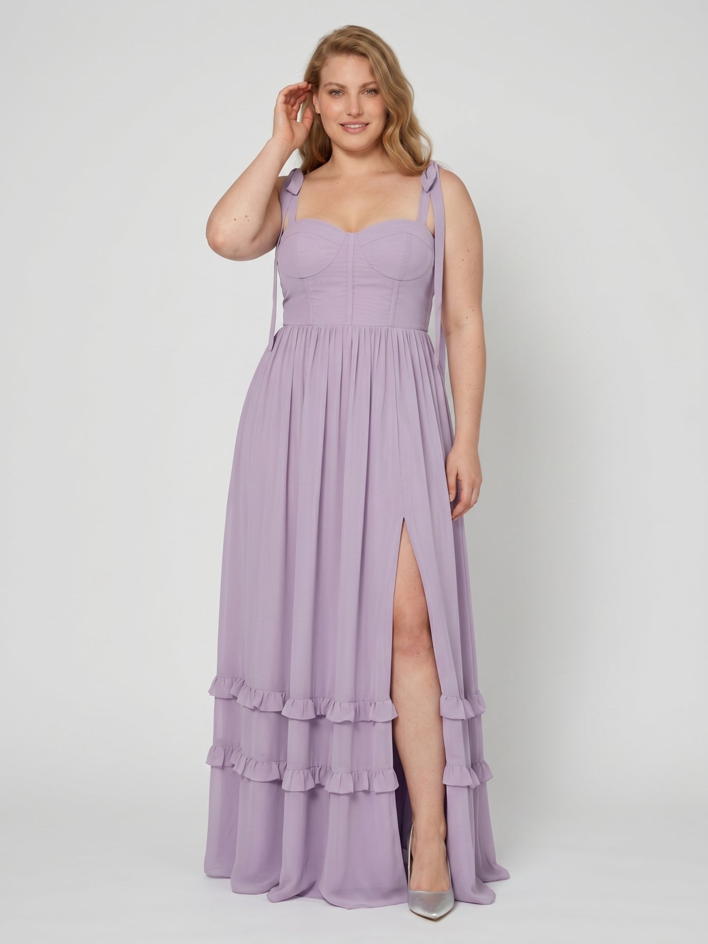 Coquette Lavender Chiffon A-Line Straight Neck Backless Ankle-Length Plus Size Bridesmaid Dress