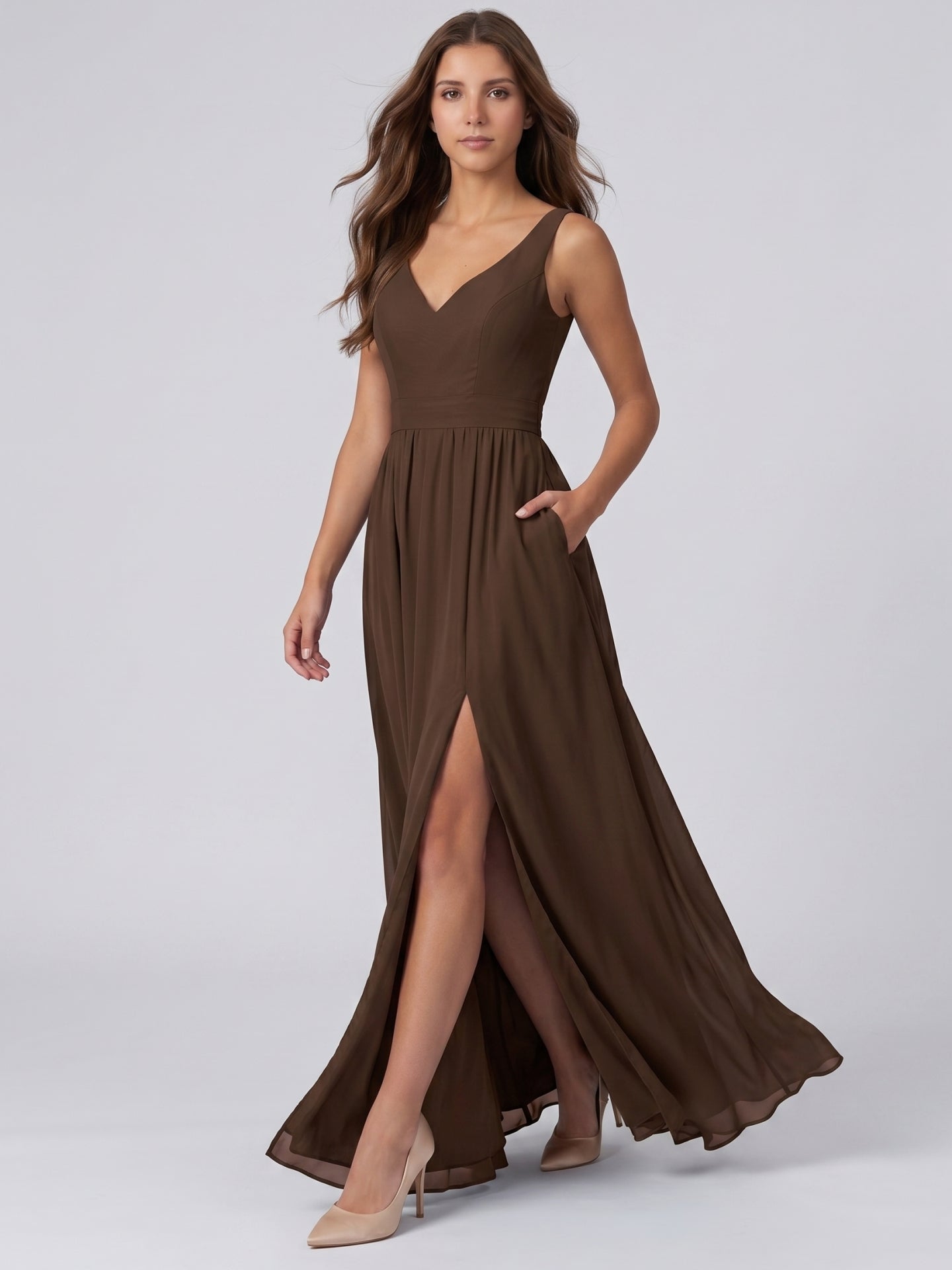 Mocha Chiffon A-Line V-Neck Backless Floor-Length Pleated Bridesmaid Dress