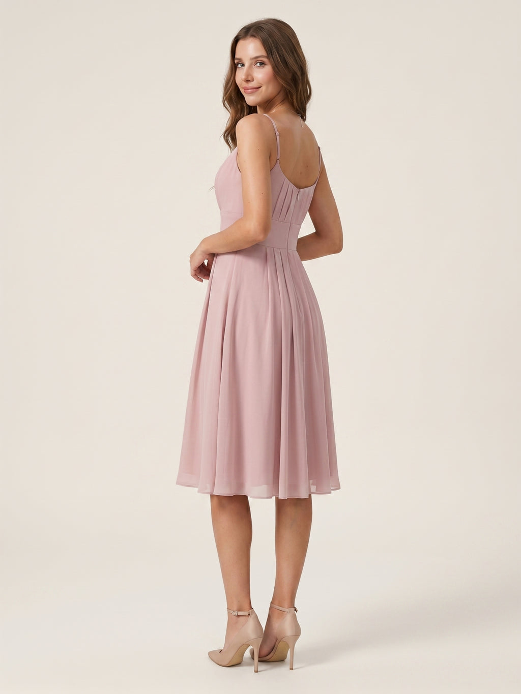 Coquette Dusty Rose Chiffon A-Line Straight Neck Back Zip with nan Knee-Length  Bridesmaid Dress