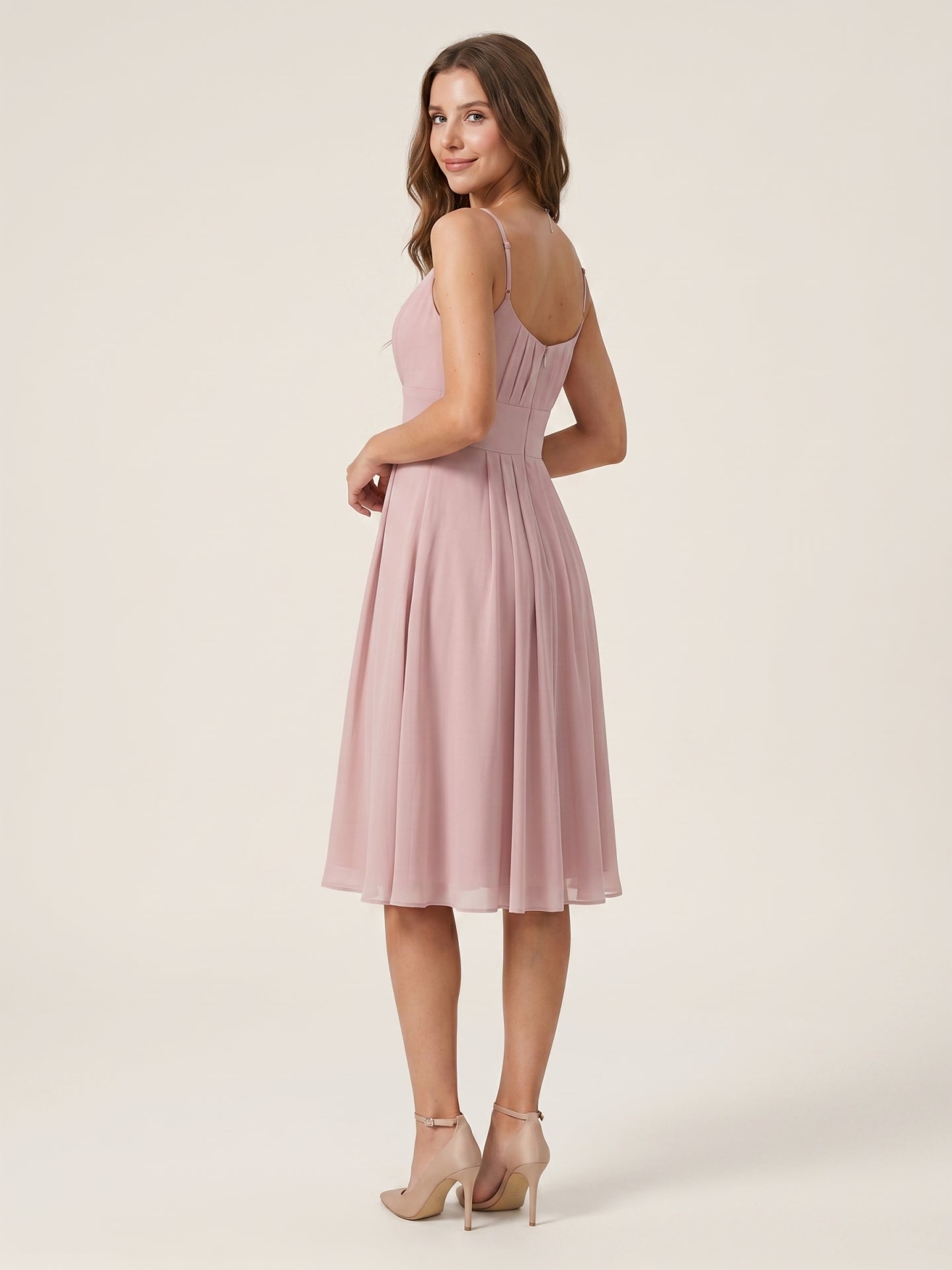 Coquette Dusty Rose Chiffon A-Line Straight Neck Back Zip with nan Knee-Length  Bridesmaid Dress