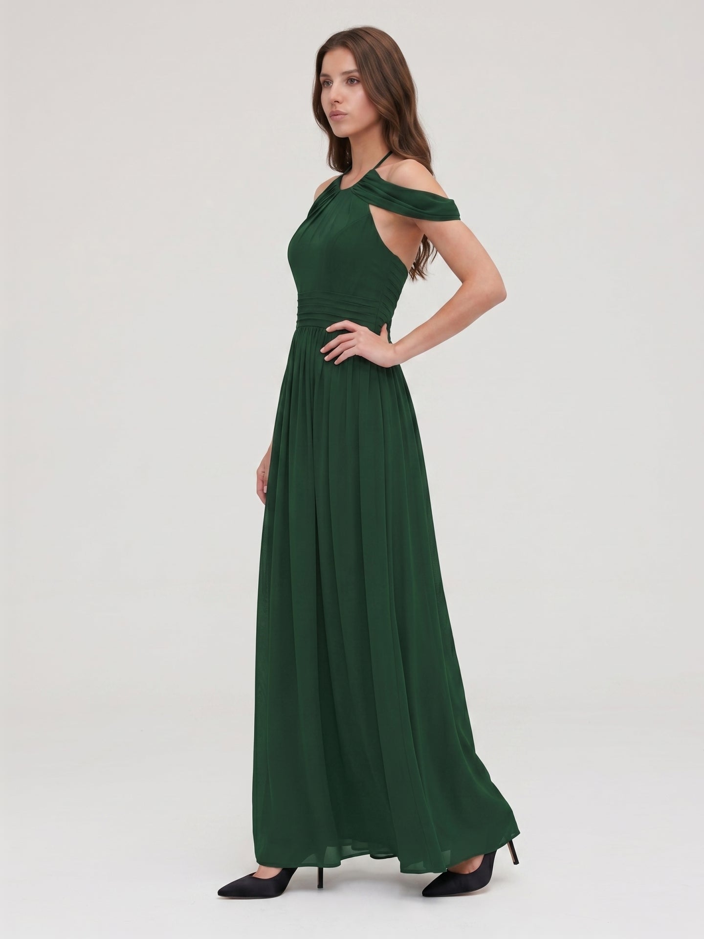 Forest Green Chiffon A-Line Scoop Neck Backless Floor-Length Pleated Bridesmaid Dress