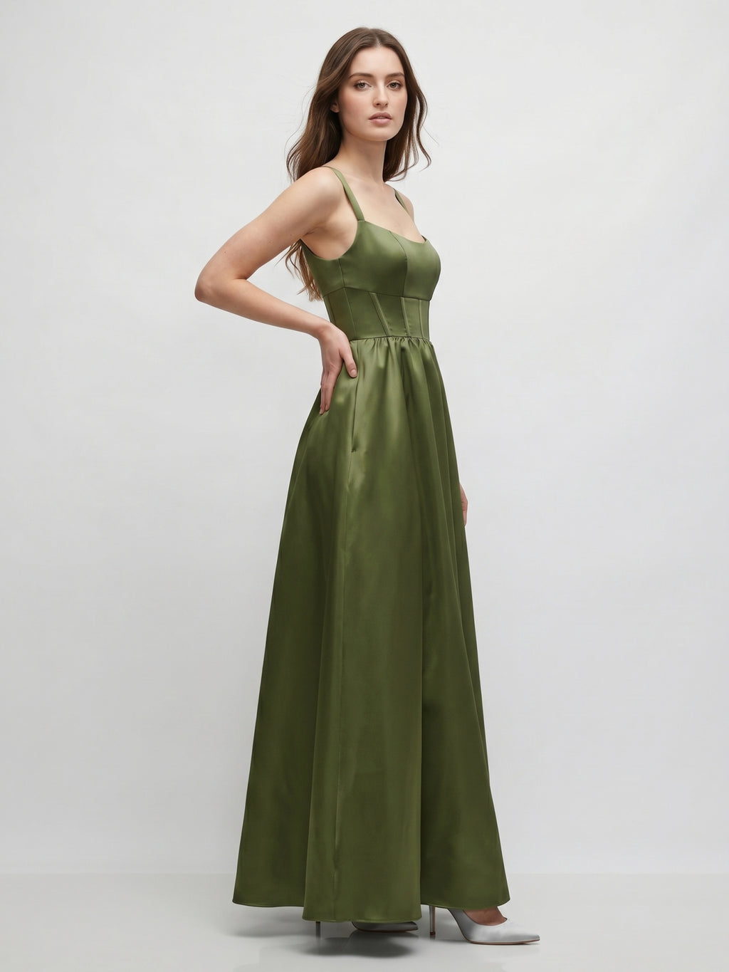 Olive Green Satin A-Line Scoop Neck Backless Floor-Length Bridesmaid Dress with Pockets