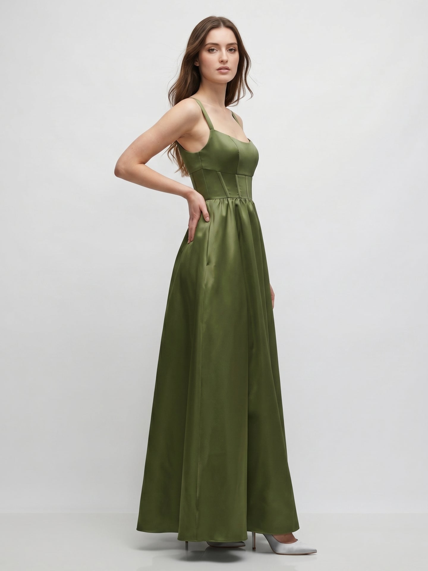 Olive Green Satin A-Line Scoop Neck Backless Floor-Length Bridesmaid Dress with Pockets