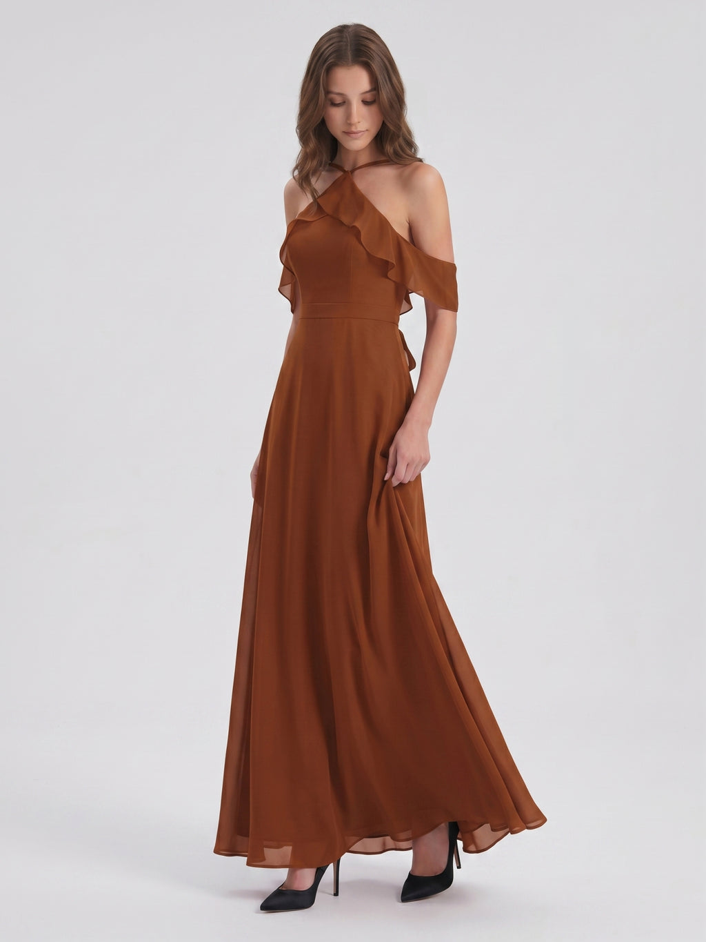 Terracotta Chiffon Sheath Off-the-Shoulder Backless Floor-Length Ruffle Dress