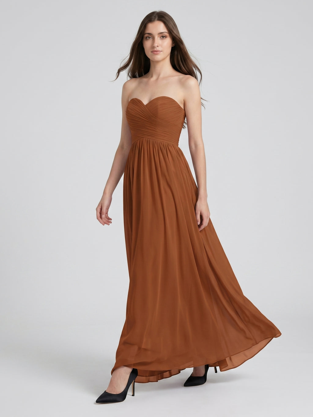 Terracotta Chiffon A-Line Off-the-Shoulder Back Zip Floor-Length Pleated Bridesmaid Dress