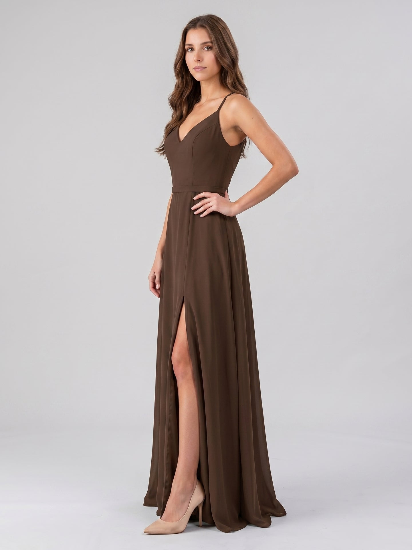 Mocha Chiffon A-Line V-Neck Backless Floor-Length Bridesmaid Dress