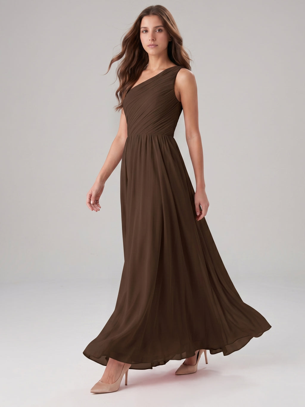 Mocha Chiffon A-Line One Shoulder Back Zip Floor-Length Pleated Bridesmaid Dress