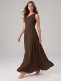 Mocha Chiffon A-Line One Shoulder Back Zip Floor-Length Pleated Bridesmaid Dress