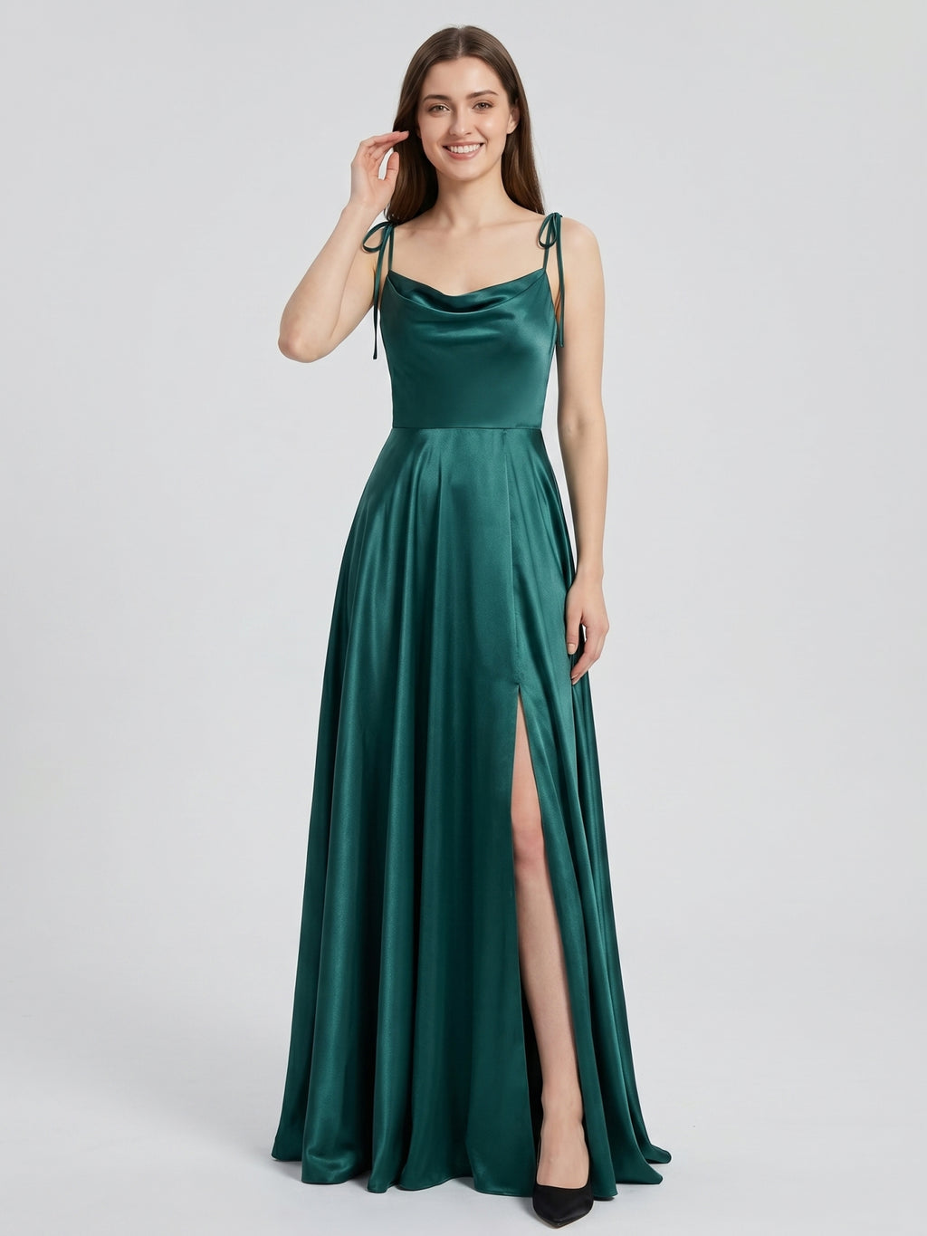 Peacock Satin A-Line Cowl Neck Backless Floor-Length Pleated Bridesmaid Dress