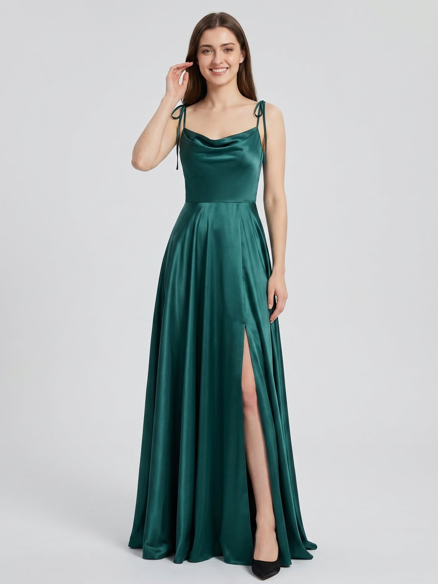 Peacock Satin A-Line Cowl Neck Backless Floor-Length Pleated Bridesmaid Dress