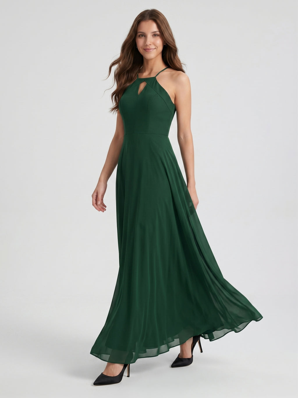 Forest Green Chiffon A-Line Halter Backless Floor-Length Bridesmaid Dress