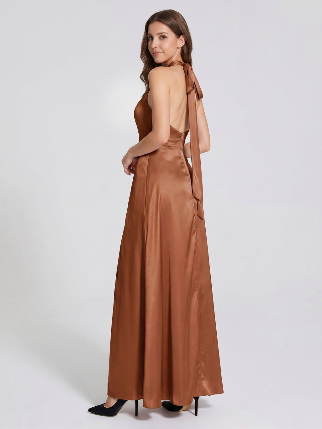 Terracotta Satin A-Line Halter Lace-Up Back Floor-Length Bridesmaid Dress with Bow