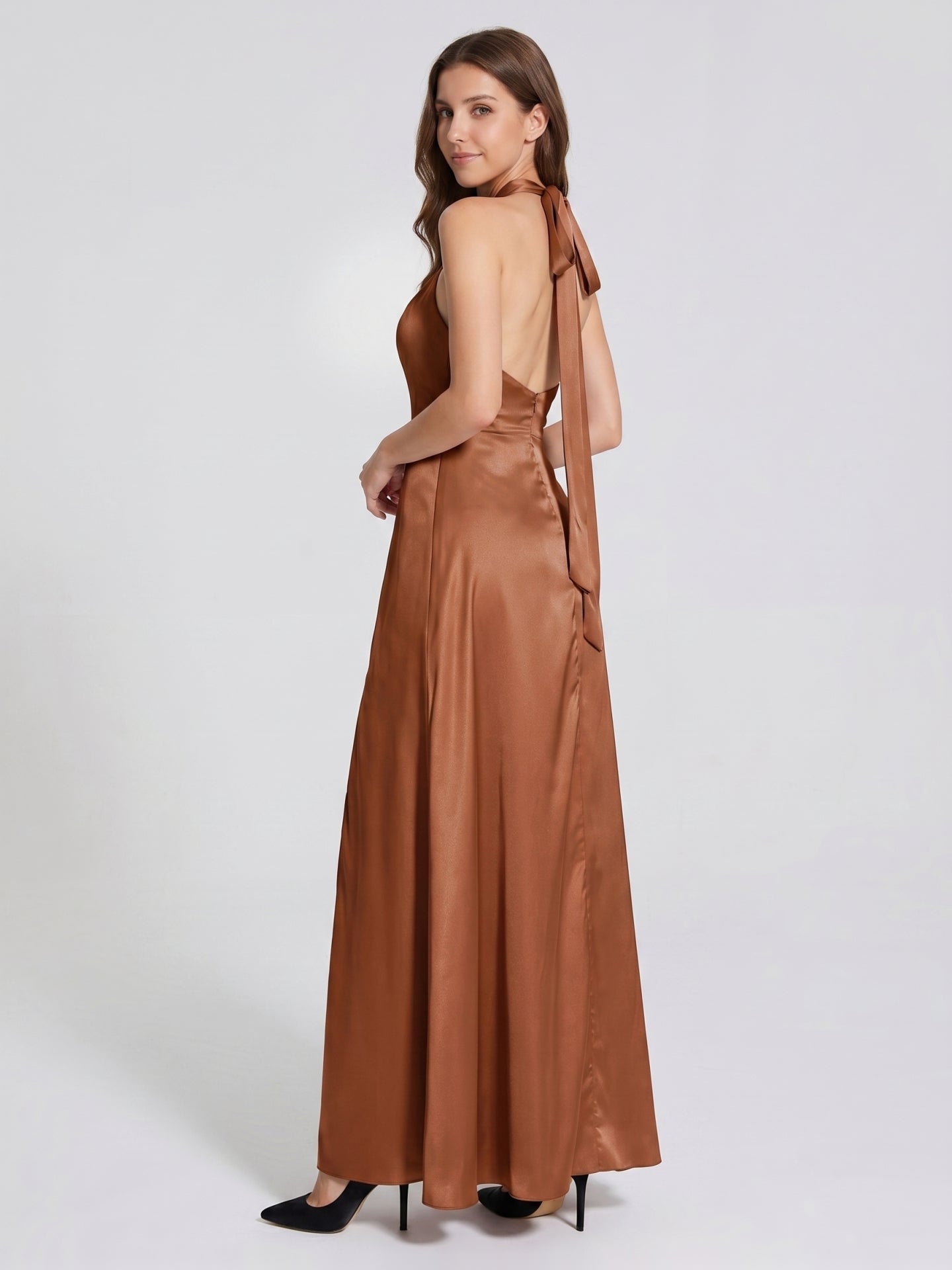 Terracotta Satin A-Line Halter Lace-Up Back Floor-Length Bridesmaid Dress with Bow
