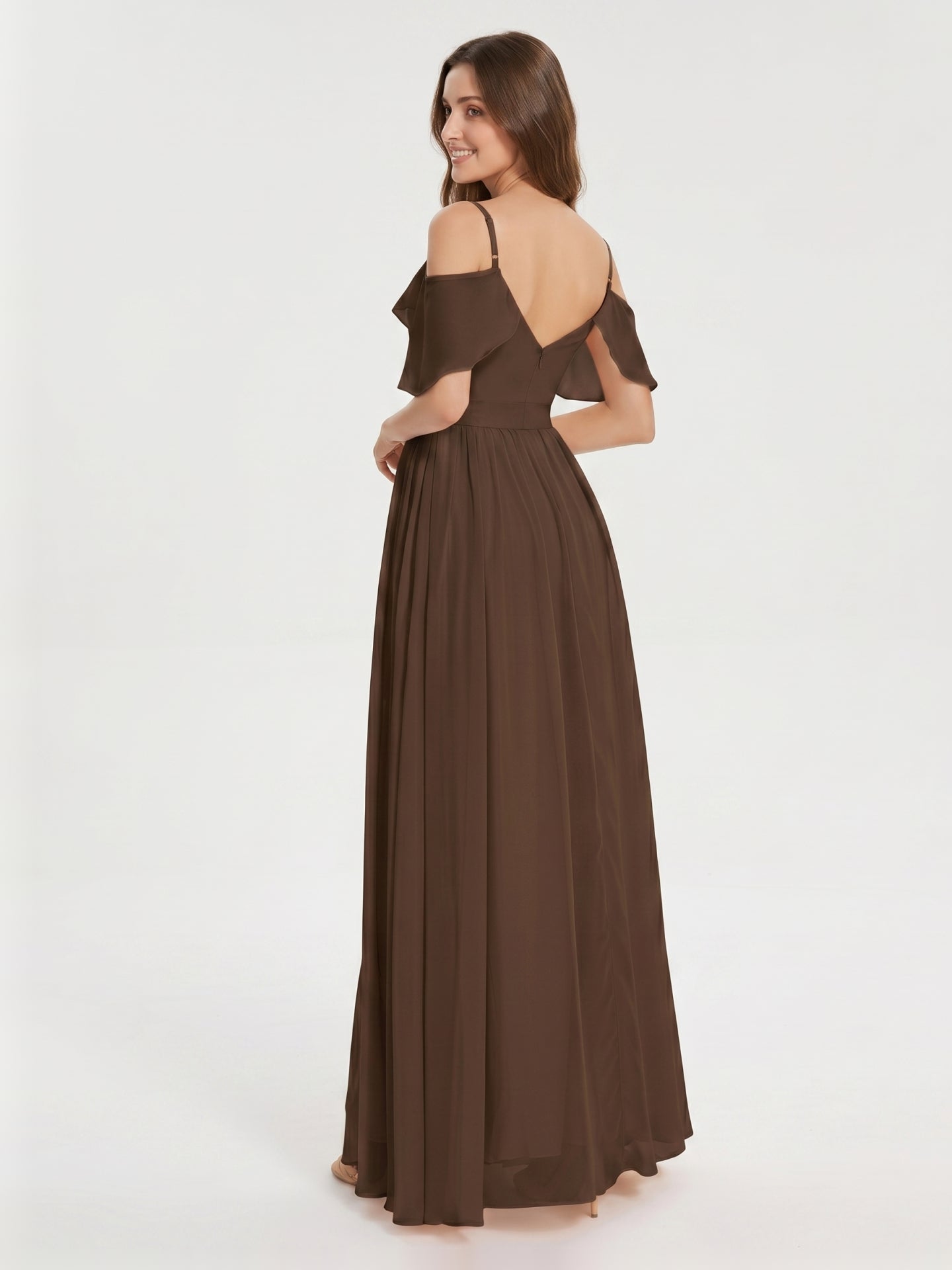 Mocha Chiffon A-Line Off-the-Shoulder V-Back Floor-Length Ruffle Bridesmaid Dress