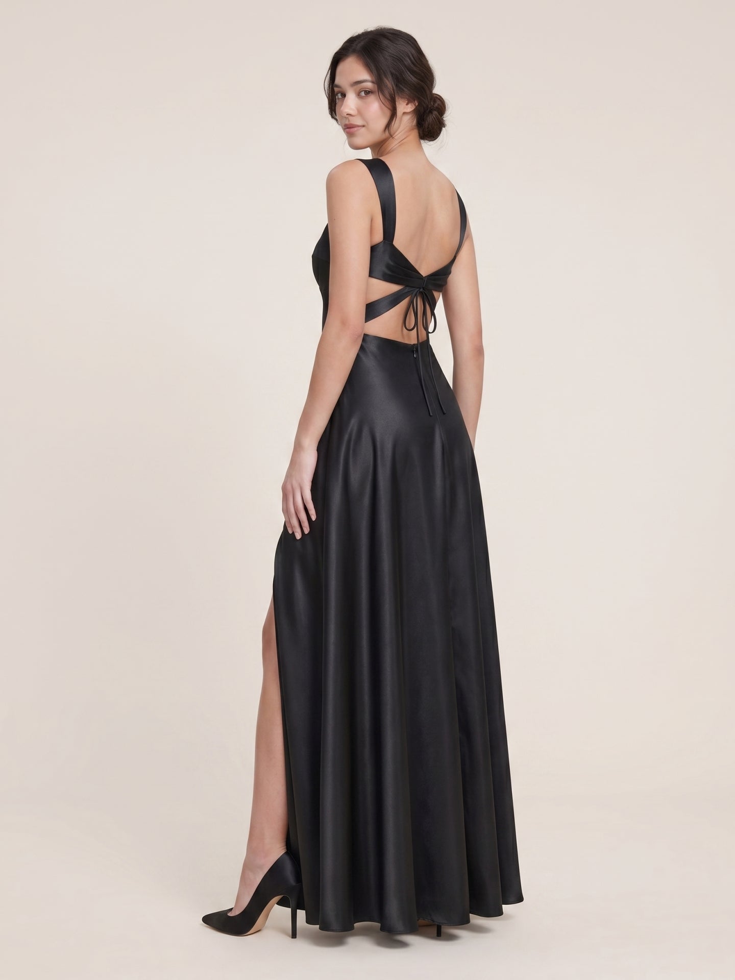 Elegant Black Satin A-Line Scoop Neck Backless Ankle-Length Bridesmaid Dress