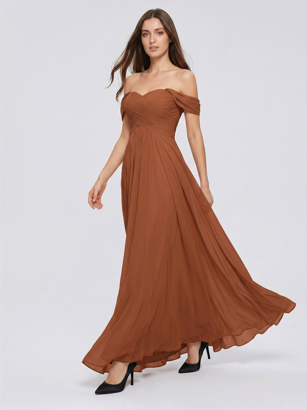 Terracotta Chiffon A-Line Off-the-Shoulder Backless Floor-Length Pleated Dress