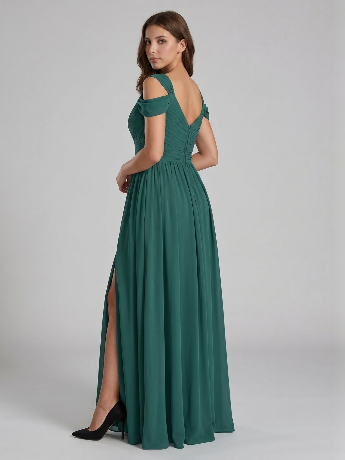 Peacock Chiffon A-Line V-Neck V-Back Floor-Length Pleated Bridesmaid Dress