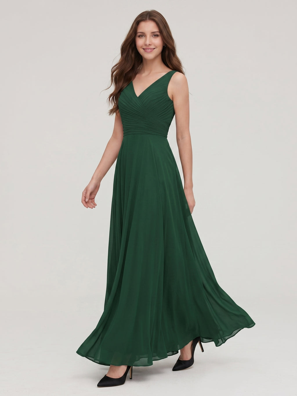 Forest Green Chiffon A-Line V-Neck V-Back Floor-Length Pleated Bridesmaid Dress