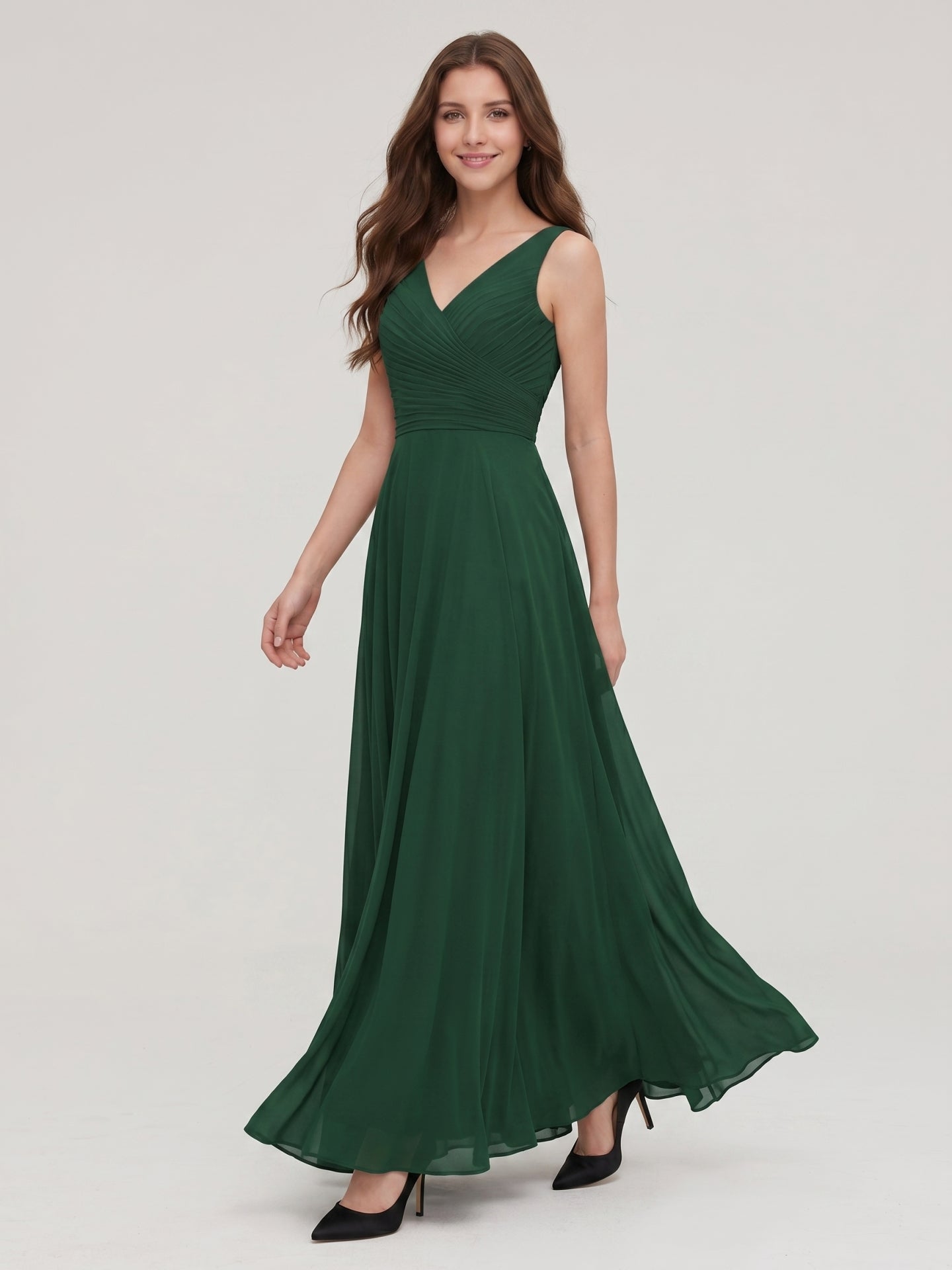 Forest Green Chiffon A-Line V-Neck V-Back Floor-Length Pleated Bridesmaid Dress