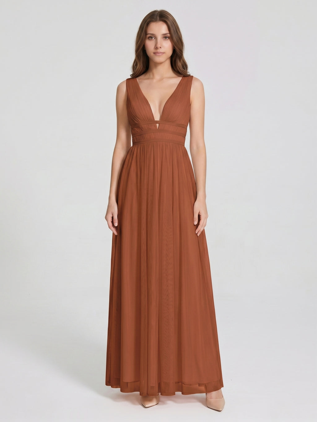 Terracotta Tulle A-Line V-Neck V-Back Floor-Length Pleated Bridesmaid Dress