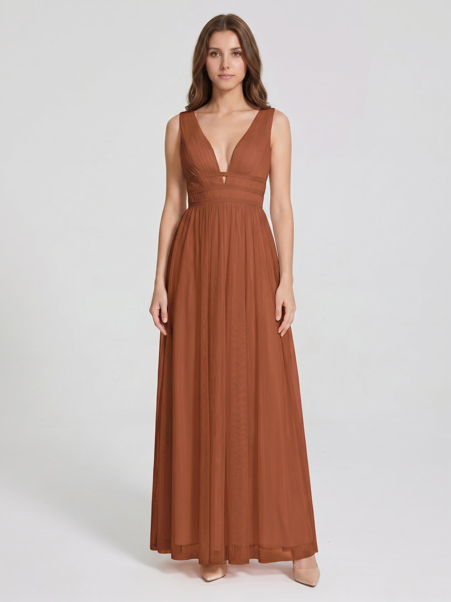 Terracotta Tulle A-Line V-Neck V-Back Floor-Length Pleated Bridesmaid Dress