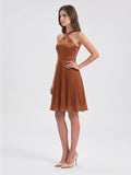 Terracotta Chiffon A-Line Halter Back Zip Knee-Length Pleated Bridesmaid Dress