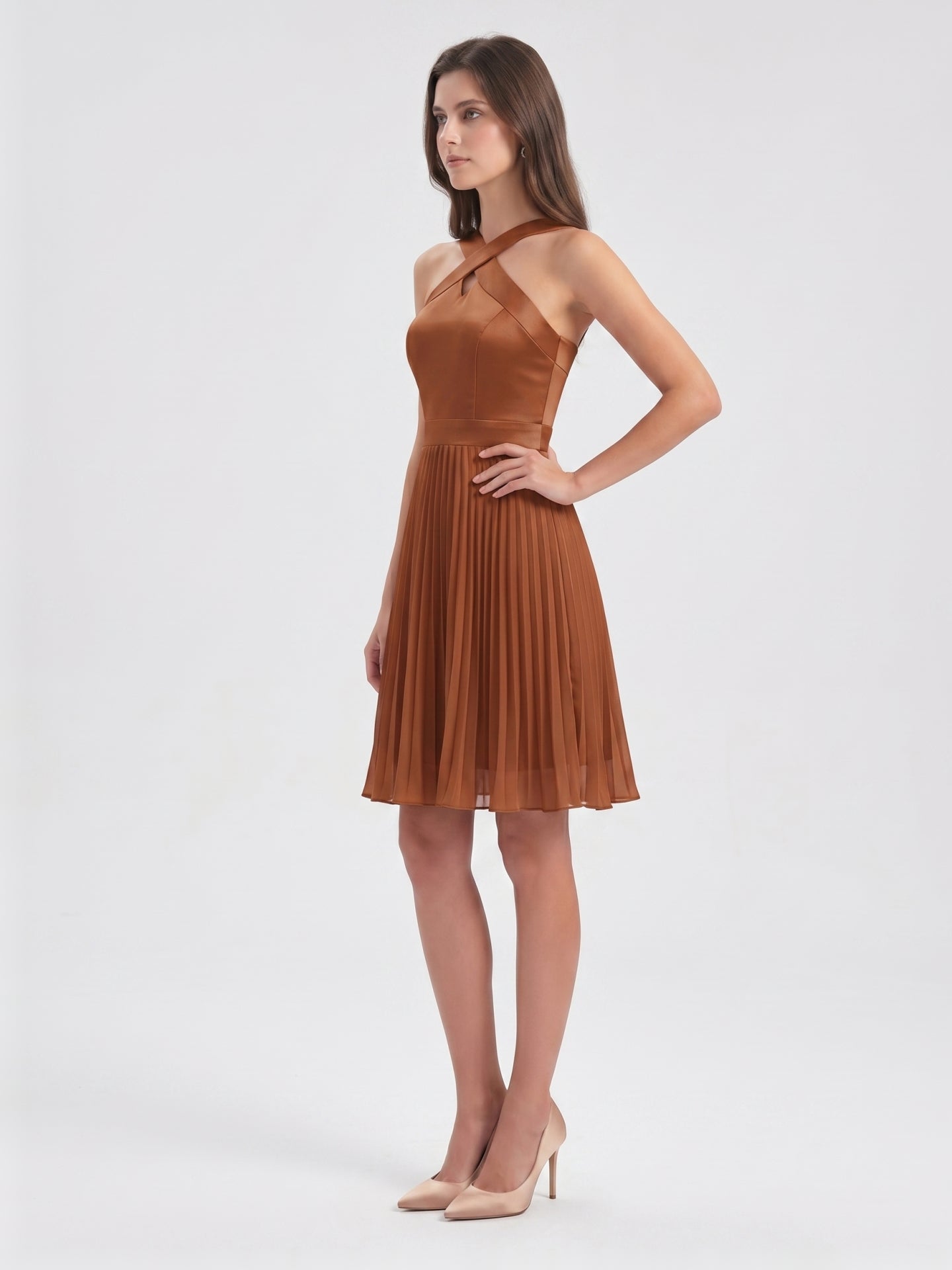 Terracotta Chiffon A-Line Halter Back Zip Knee-Length Pleated Bridesmaid Dress