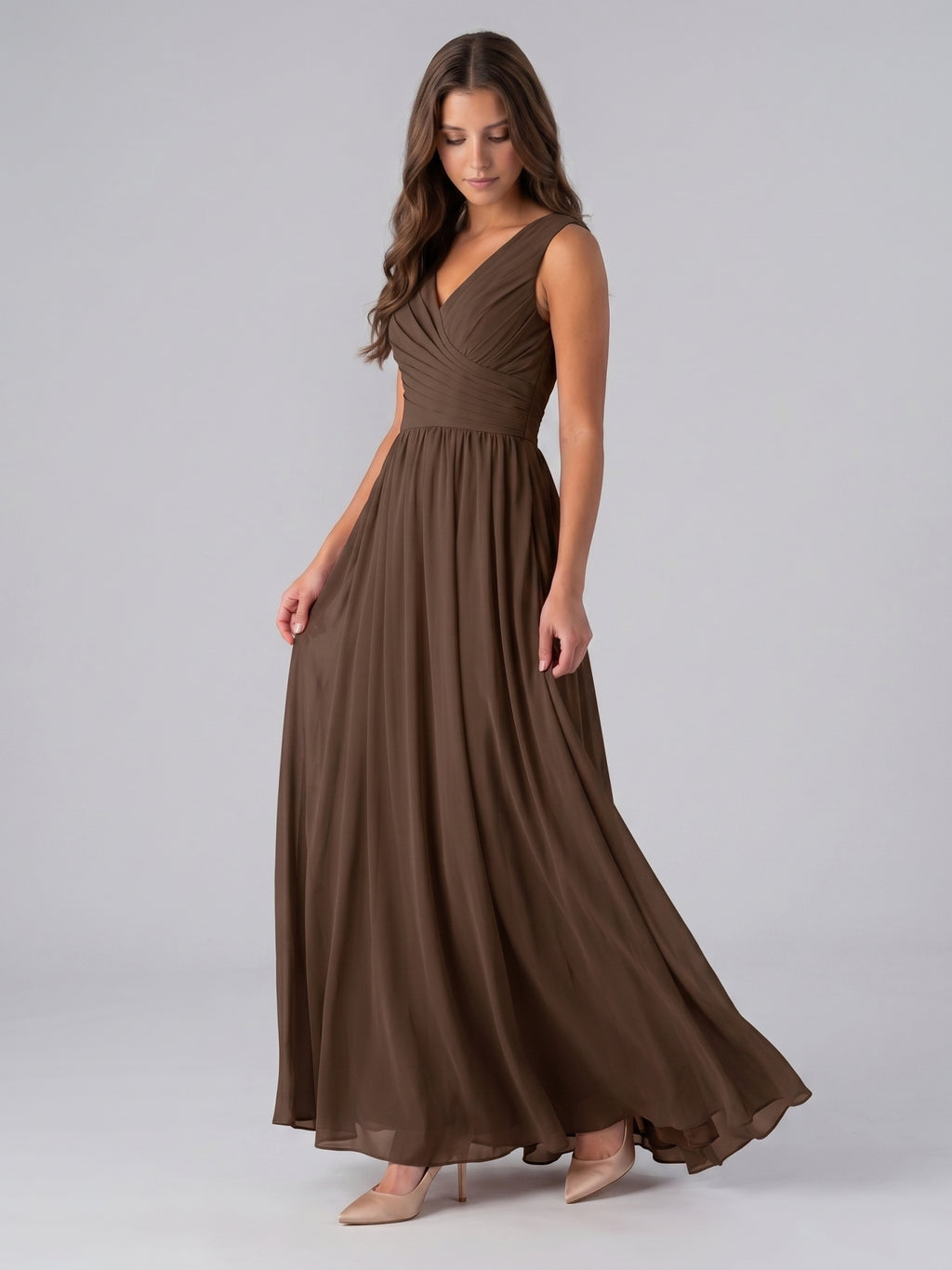 Mocha Chiffon A-Line V-Neck Back Zip Floor-Length Pleated Bridesmaid Dress