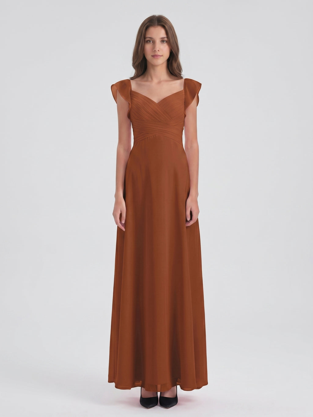Terracotta Chiffon Sheath V-Neck Backless Floor-Length Ruffle Bridesmaid Dress