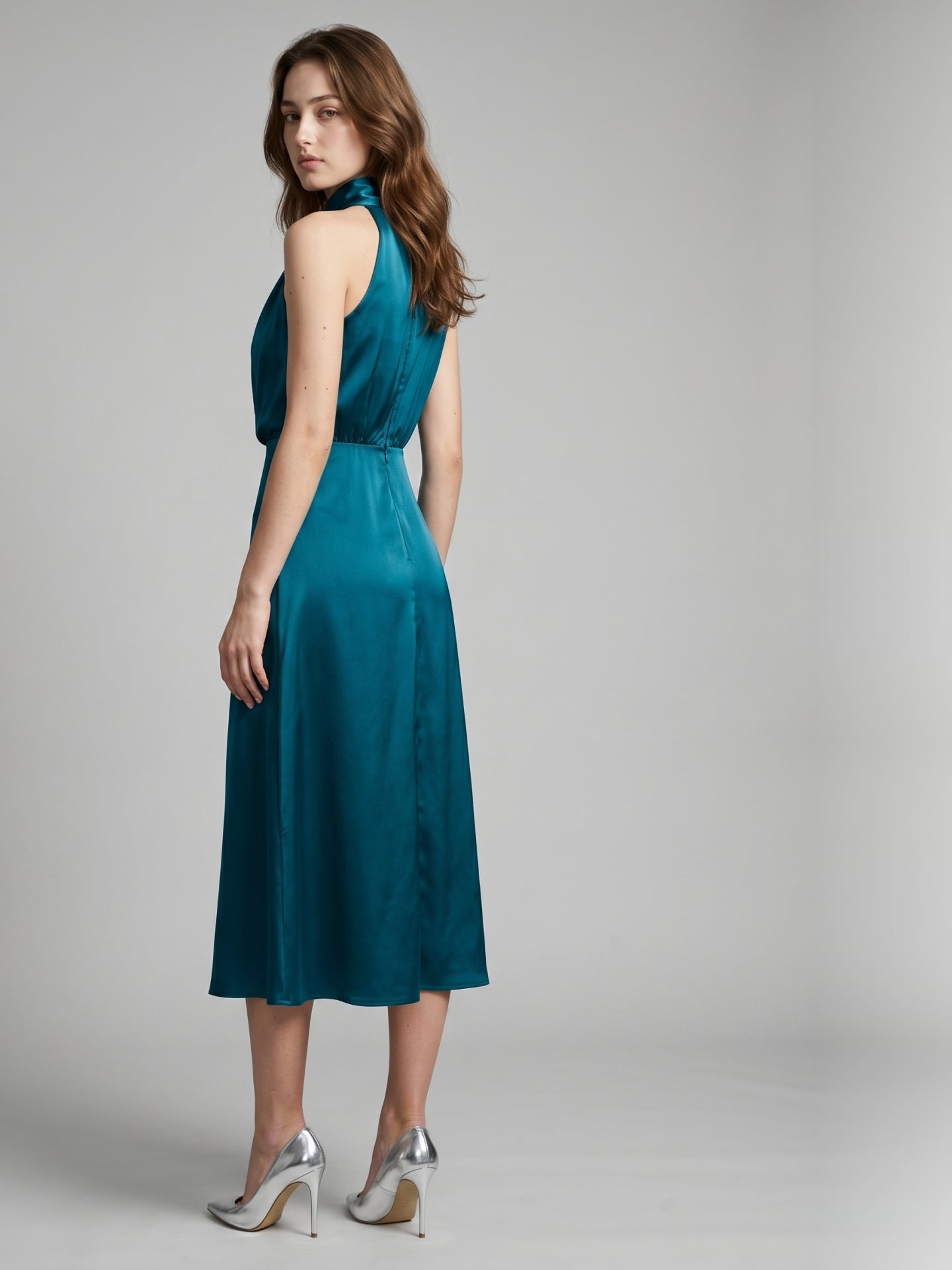 Teal Satin Sheath Scoop Neck Back Zip Tea-Length Bridesmaid Dress