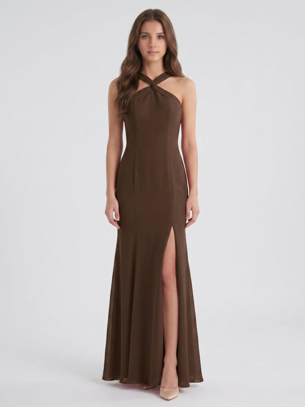 Mocha Chiffon Trumpet Halter Keyhole Back Ankle-Length Bridesmaid Dress