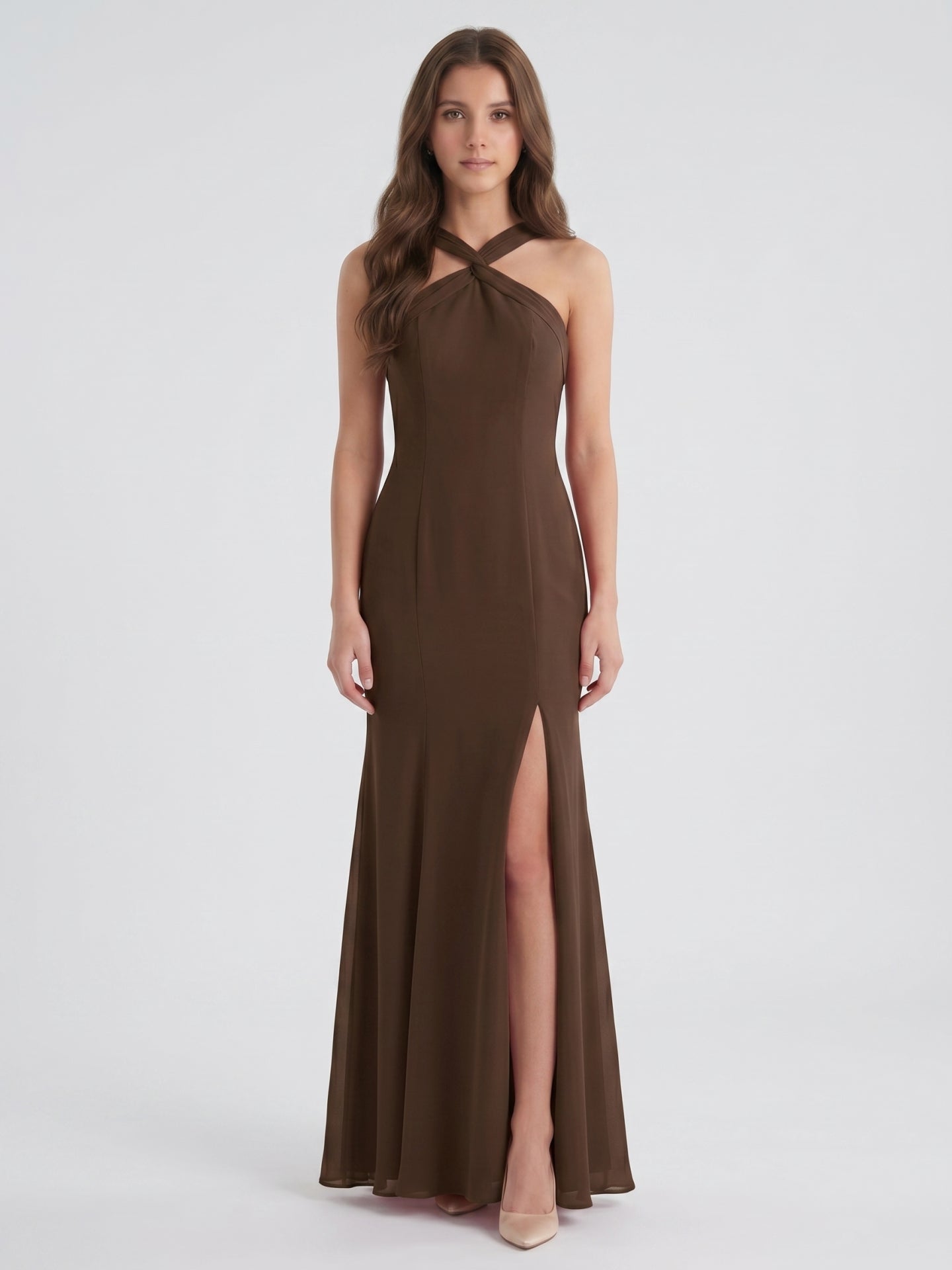 Mocha Chiffon Trumpet Halter Keyhole Back Ankle-Length Bridesmaid Dress