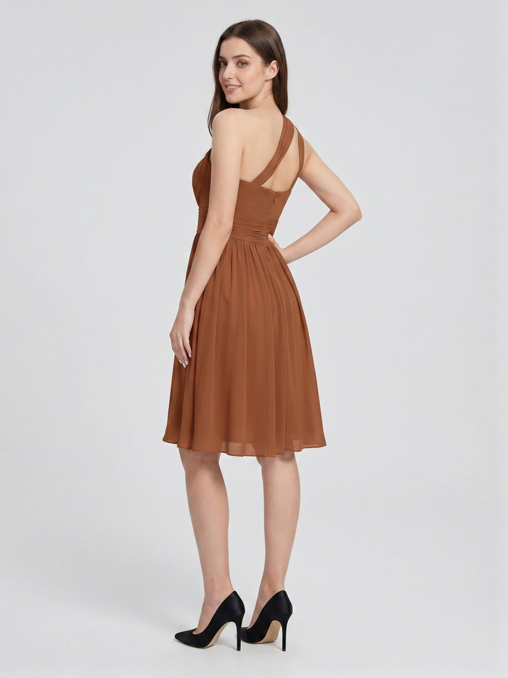 Terracotta Chiffon A-Line One Shoulder Backless Knee-Length Pleated Bridesmaid Dress