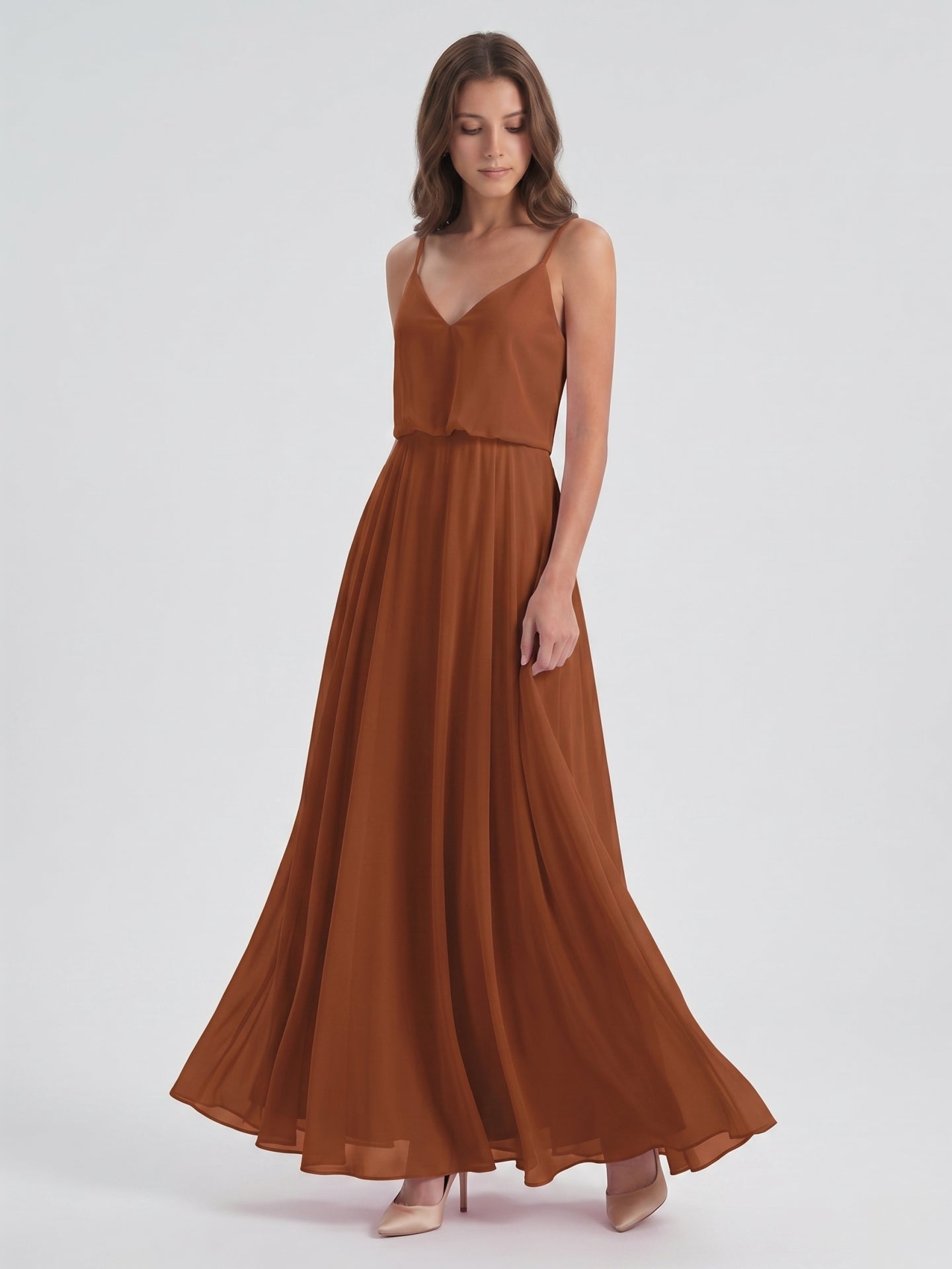 Terracotta Chiffon A-Line V-Neck Backless Floor-Length Bridesmaid Dress