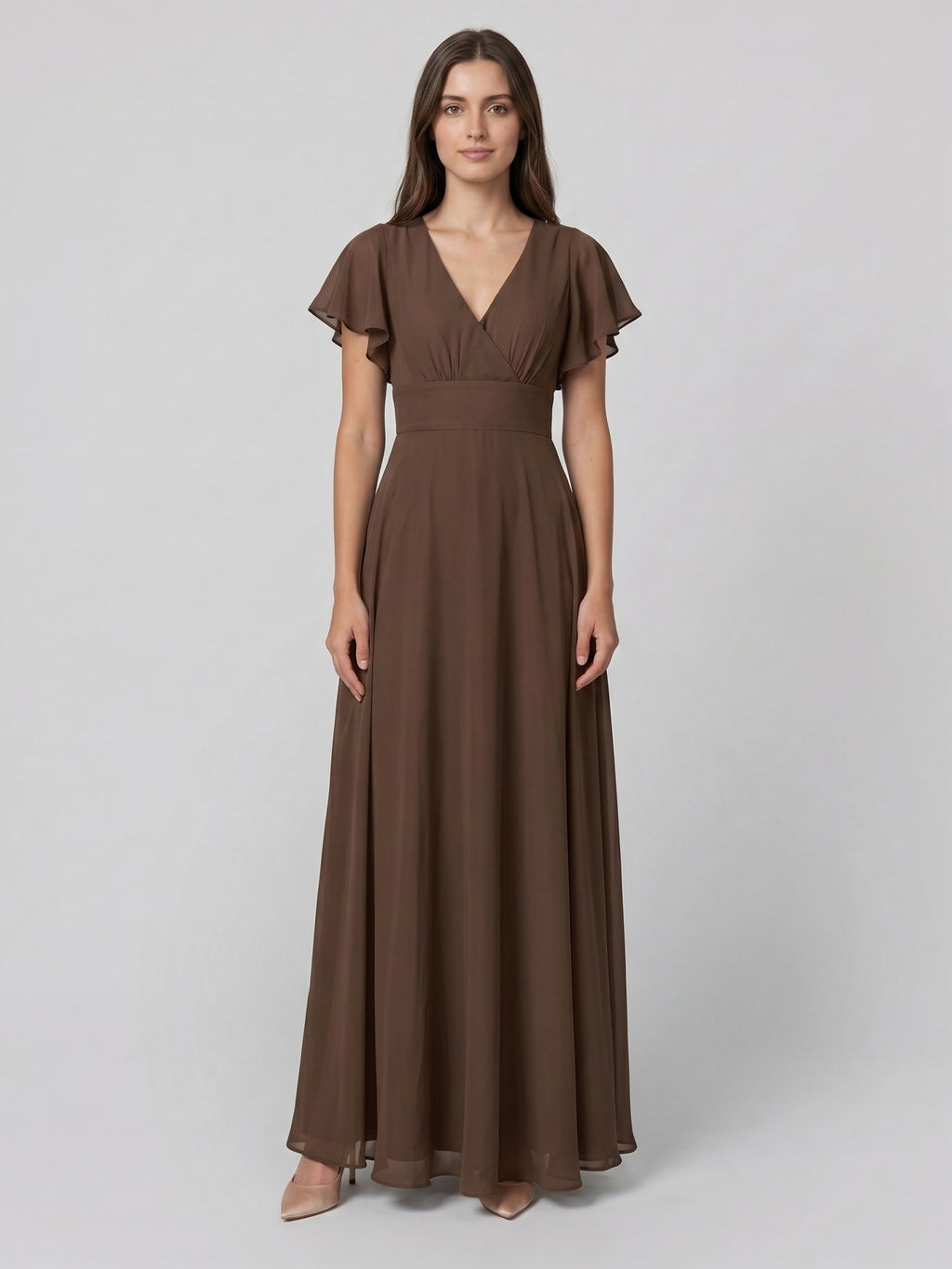 Mocha Chiffon A-Line V-Neck Back Zip Floor-Length Ruffle Bridesmaid Dress