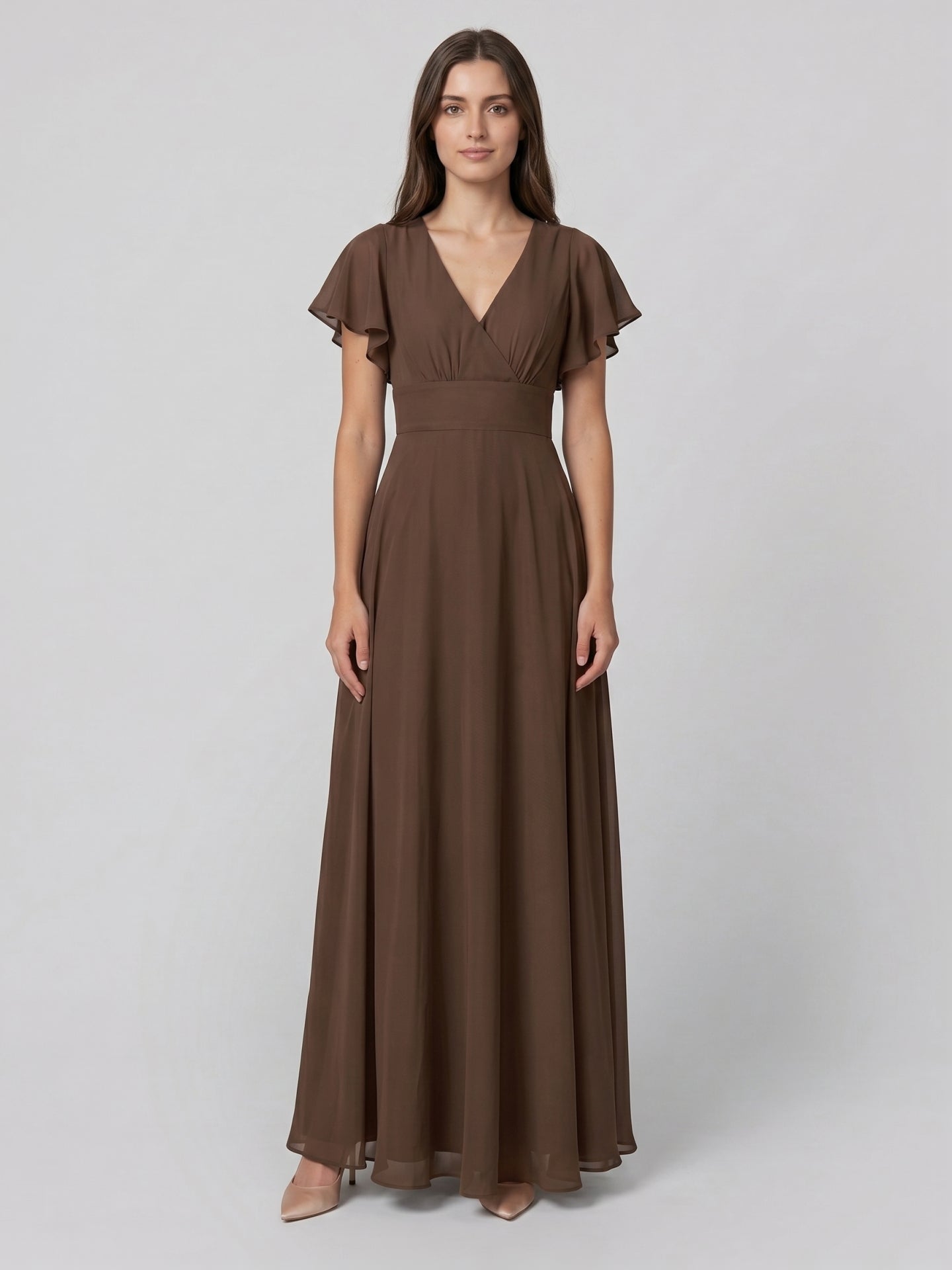 Mocha Chiffon A-Line V-Neck Back Zip Floor-Length Ruffle Bridesmaid Dress