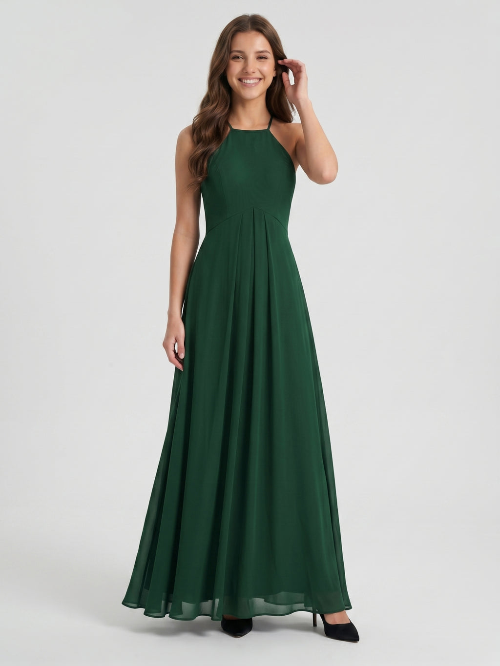 Forest Green Chiffon A-Line Halter Back Zip Floor-Length Ruffle Bridesmaid Dress
