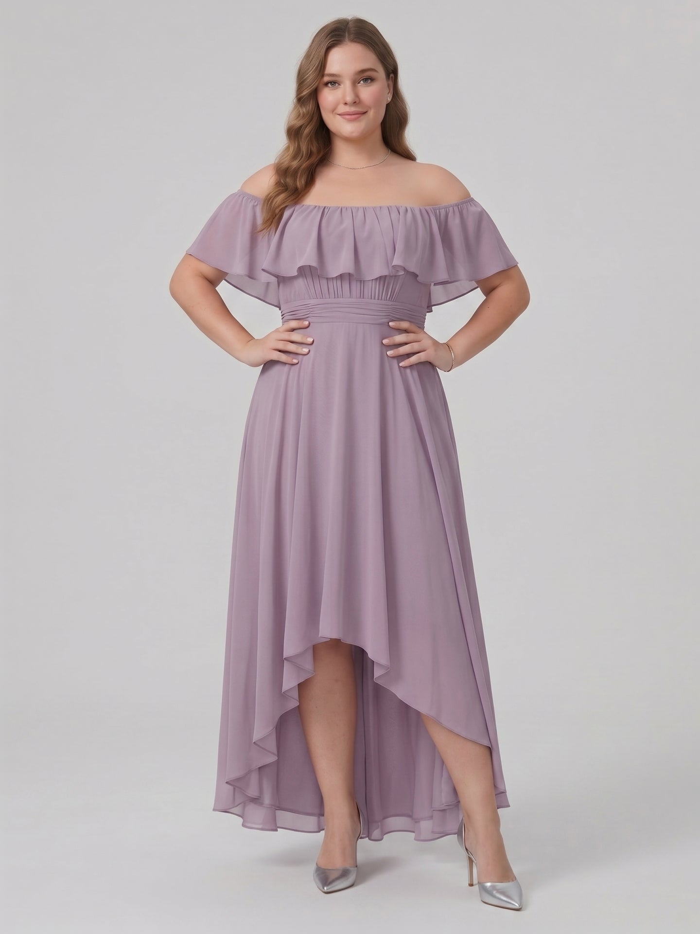 Sweet & Flowy lavender Chiffon A-Line Off-the-Shoulder Backless Asymmetrical Plus Size Bridesmaid Dress