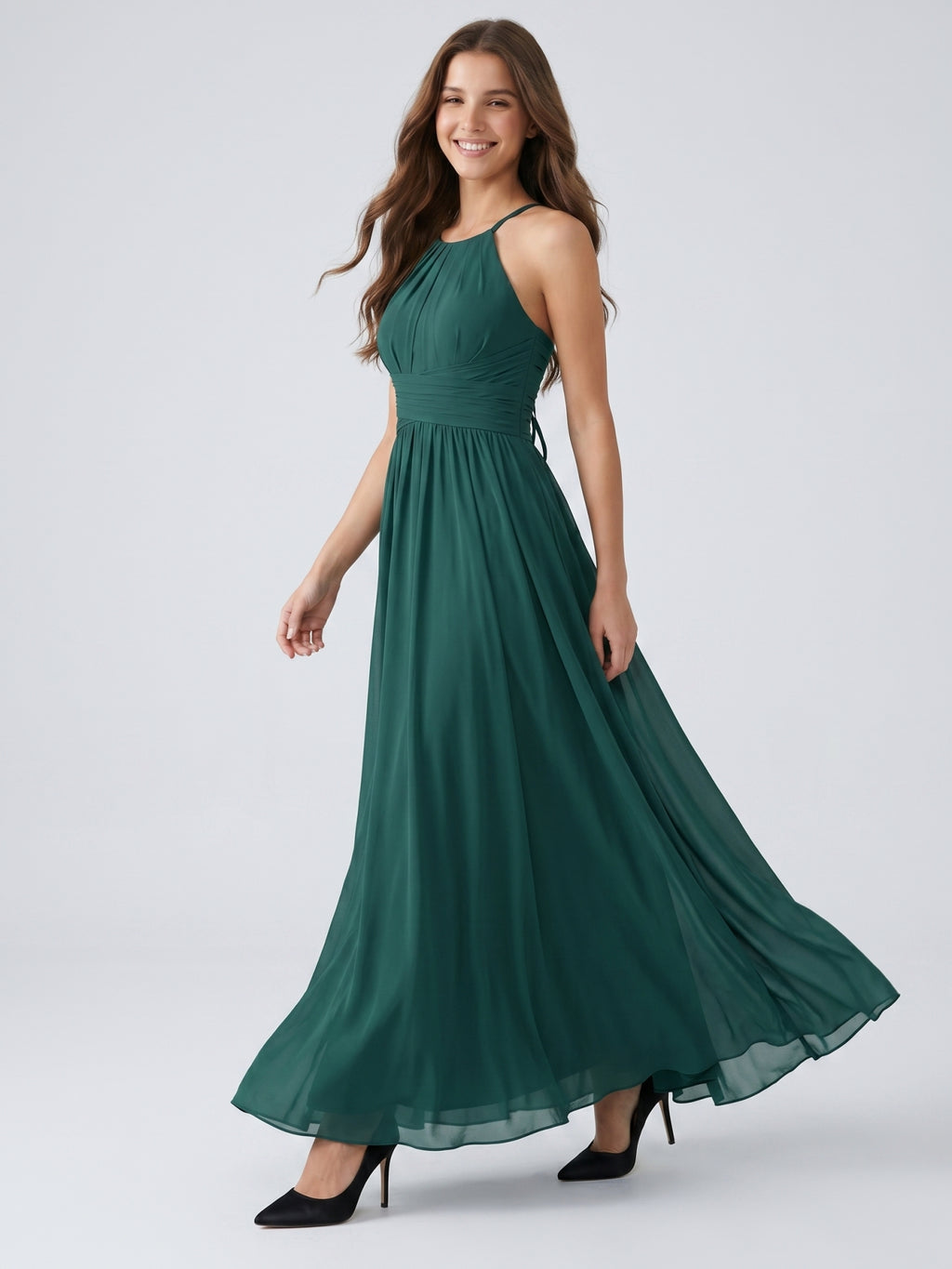 Peacock Chiffon A-Line Halter Criss-Cross Back Floor-Length Pleated Bridesmaid Dress