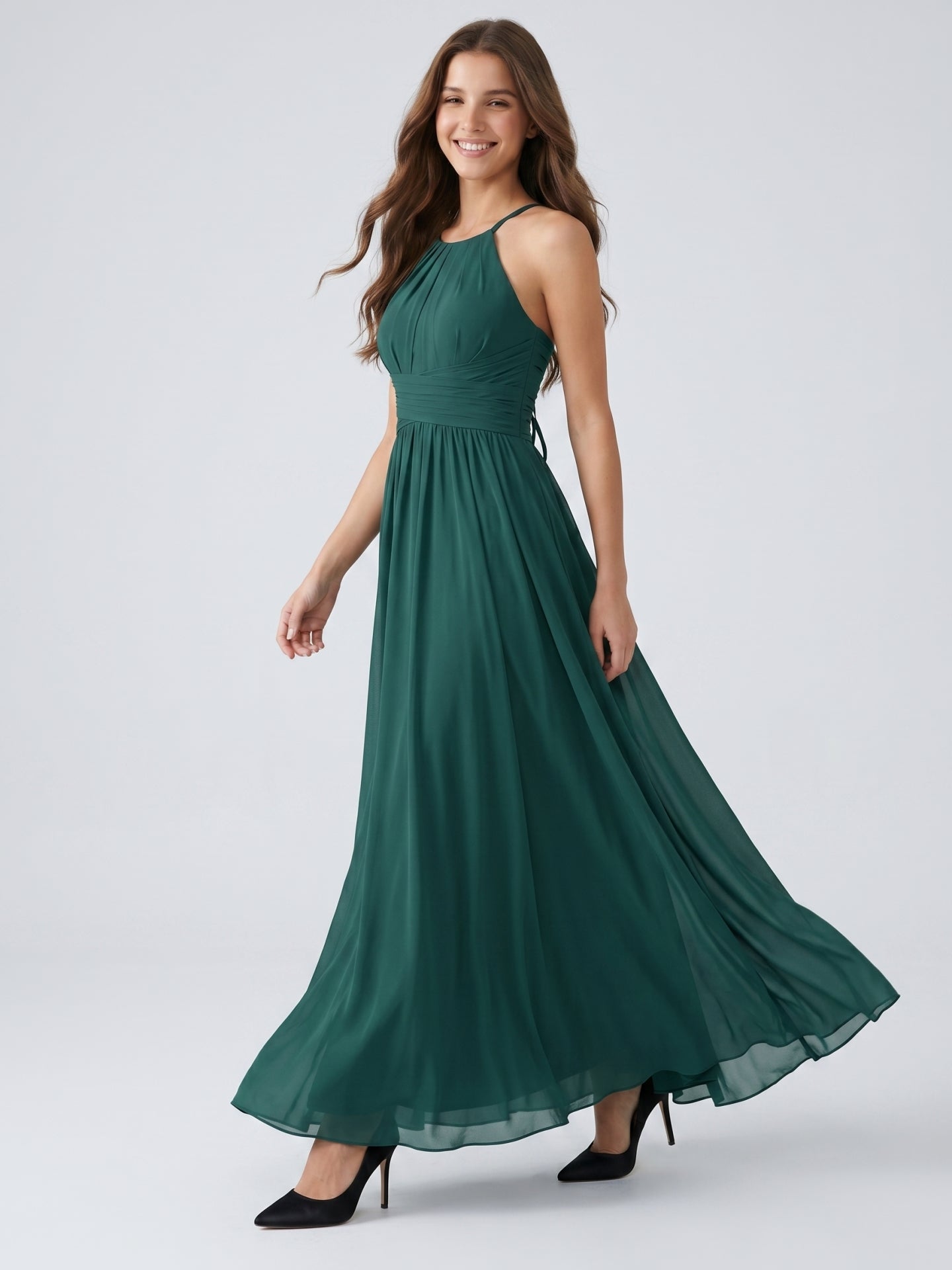 Peacock Chiffon A-Line Halter Criss-Cross Back Floor-Length Pleated Bridesmaid Dress