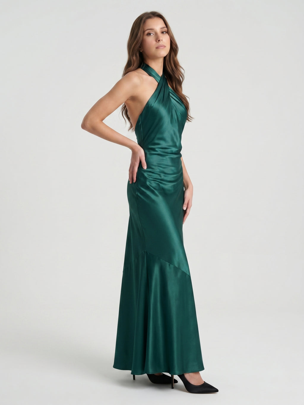 Peacock Satin Sheath Halter Backless Floor-Length Pleated Bridesmaid Dress