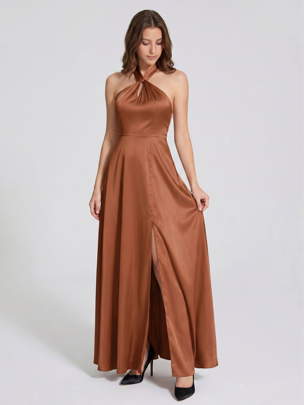 Terracotta Satin A-Line Halter Lace-Up Back Floor-Length Bridesmaid Dress with Bow