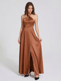 Terracotta Satin A-Line Halter Lace-Up Back Floor-Length Bridesmaid Dress with Bow